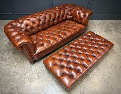 Genuine Victorian Leather Chesterfield Sofa & Footstool - Image 10