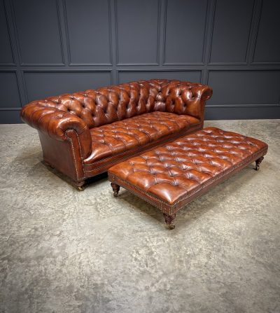 Genuine Victorian Leather Chesterfield Sofa & Footstool - Image 11