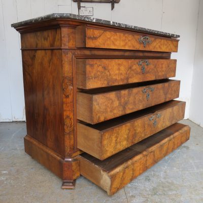 Antique French Burr Walnut & Marble Top Chest Of Drawers - Image 5