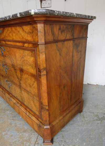 Antique French Burr Walnut & Marble Top Chest Of Drawers - Image 6