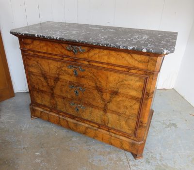 Antique French Burr Walnut & Marble Top Chest Of Drawers - Image 2