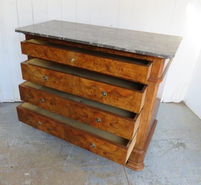 Antique French Burr Walnut & Marble Top Chest Of Drawers - Image 4