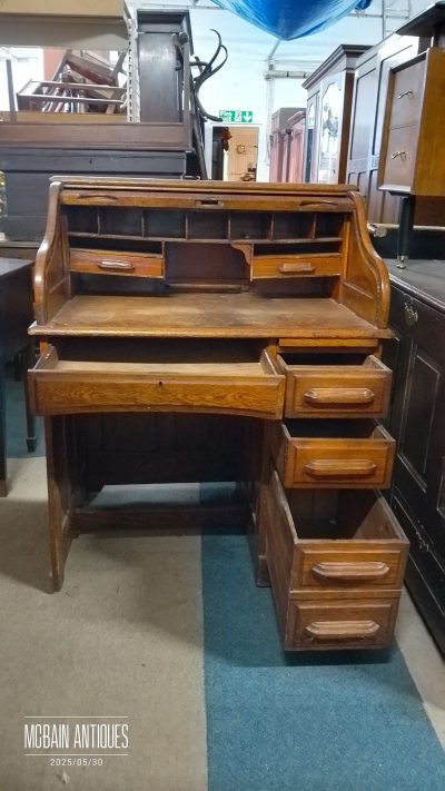 Small Edwardian Oak Roll Top Desk - Image 9