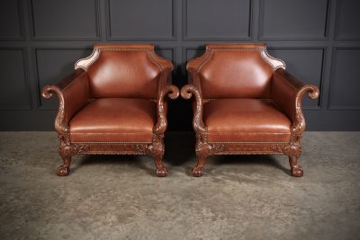 Pair of Carved Mahogany & Leather Library Armchairs - Image 2