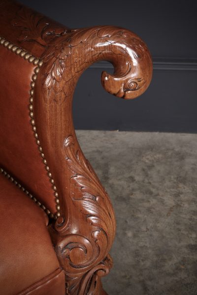 Pair of Carved Mahogany & Leather Library Armchairs - Image 4