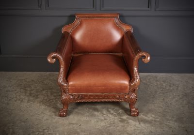 Pair of Carved Mahogany & Leather Library Armchairs - Image 5