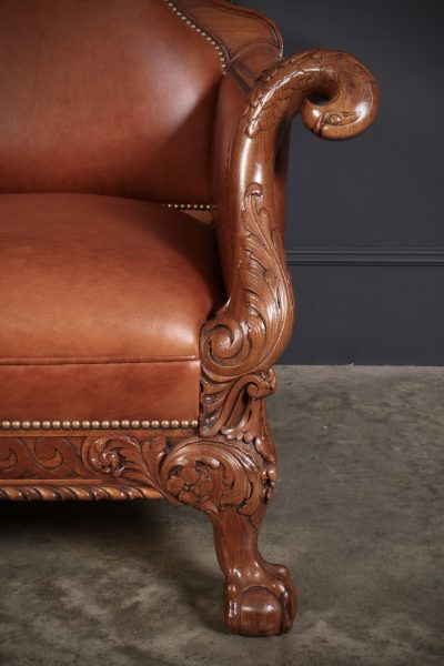 Pair of Carved Mahogany & Leather Library Armchairs - Image 7