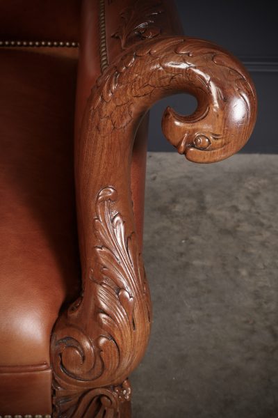 Pair of Carved Mahogany & Leather Library Armchairs - Image 9