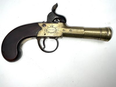 PERCUSSION BLUNDERBUSS BRASS BARRELLED OVERCOAT PISTOL. - Image 3