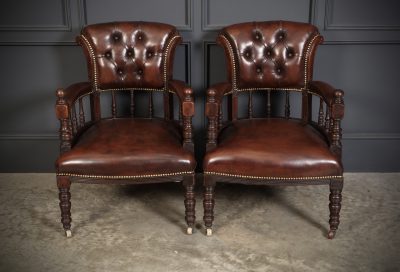 Pair Of Victorian Mahogany & Buttoned Leather Captains Desk Chairs - Image 2