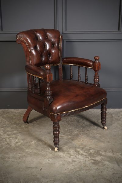 Pair Of Victorian Mahogany & Buttoned Leather Captains Desk Chairs - Image 3