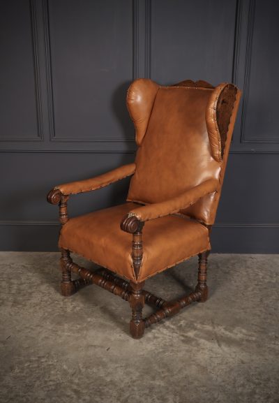 19th Century Oak & Leather Wingback Armchair - Image 3