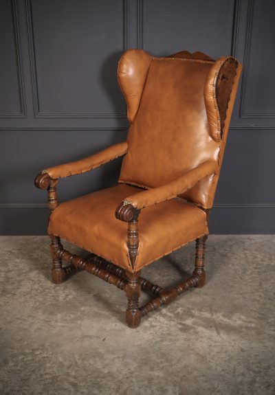 19th Century Oak & Leather Wingback Armchair - Image 5
