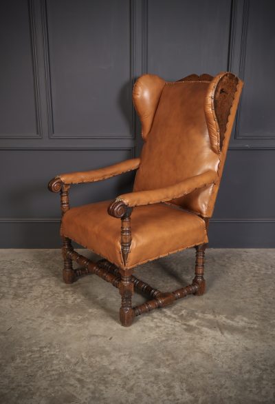 19th Century Oak & Leather Wingback Armchair - Image 6