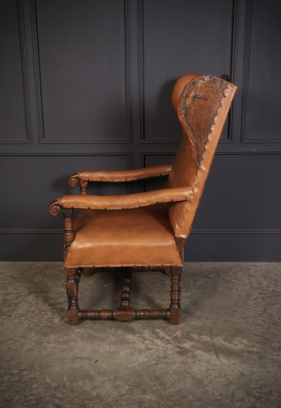 19th Century Oak & Leather Wingback Armchair - Image 8
