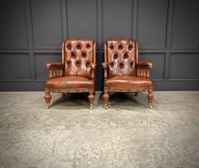 Pair of Oak & Buttoned Leather Library Armchairs - Image 2