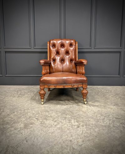 Pair of Oak & Buttoned Leather Library Armchairs - Image 4