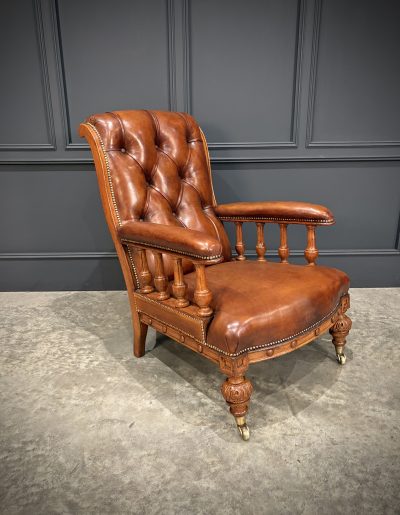 Pair of Oak & Buttoned Leather Library Armchairs - Image 5