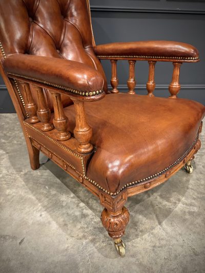 Pair of Oak & Buttoned Leather Library Armchairs - Image 8