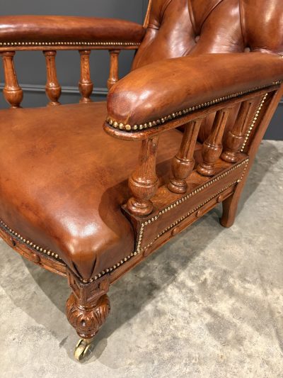 Pair of Oak & Buttoned Leather Library Armchairs - Image 9