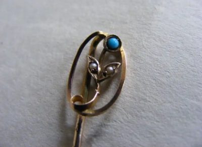 Exquisite Gold pearl & Turquoise Tie or Hat Pin c1910 Original Box Retailed Henry Pidduck & Son Chester? - Image 2