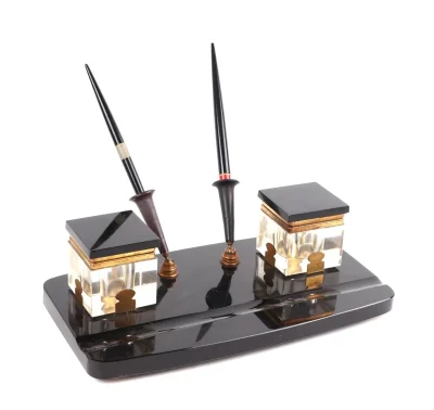 Art Deco Black Glass Desk Stand with Inkwells and Original Pens - Image 13