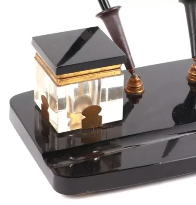 Art Deco Black Glass Desk Stand with Inkwells and Original Pens - Image 4