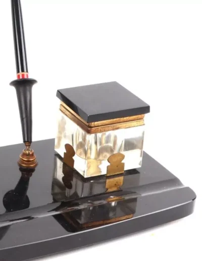 Art Deco Black Glass Desk Stand with Inkwells and Original Pens - Image 5