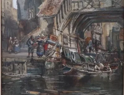 Henry Valter (fl 1854-1897) Dutch Harbour Scene Antique Watercolour - Image 6
