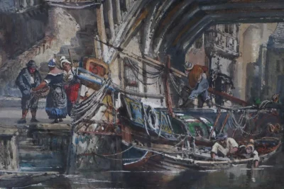 Henry Valter (fl 1854-1897) Dutch Harbour Scene Antique Watercolour - Image 7