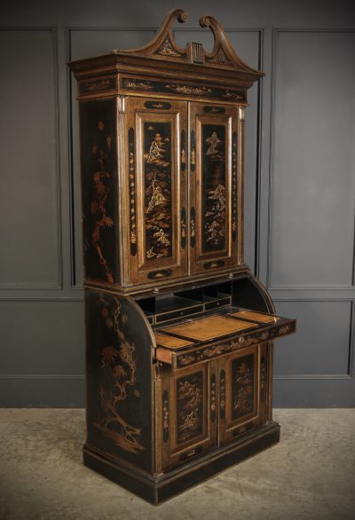 Early 19th Century Black Lacquered Chinoiserie Bureau Bookcase - Image 4