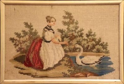 Mid 19th Century Gros Point Needlework – Girl Feeding a Swan, circa 1860 - Image 2