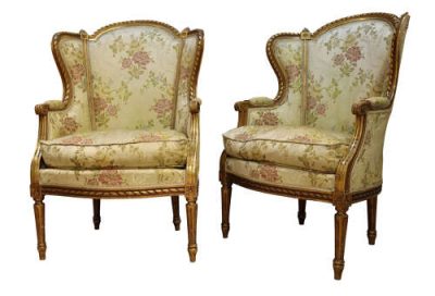 Pair of Antique French Giltwood Wingback Armchairs - Image 2