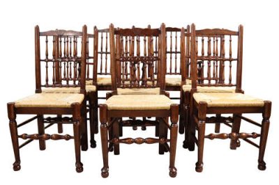 Set of 8 Oak Spindle Back Dining Chairs Including Two Carvers 20thc - Image 3
