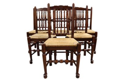 Set of 8 Oak Spindle Back Dining Chairs Including Two Carvers 20thc - Image 5