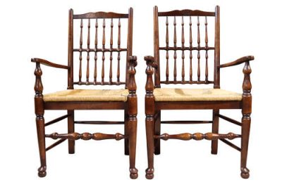 Set of 8 Oak Spindle Back Dining Chairs Including Two Carvers 20thc - Image 6