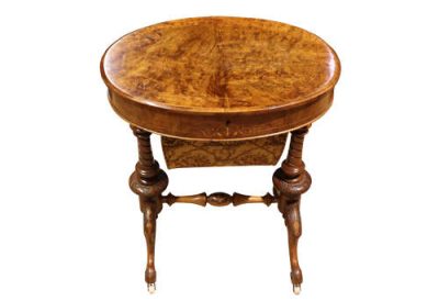 Victorian Inlaid Walnut Sewing Table with Stretcher Base – Circa 1870 - Image 3