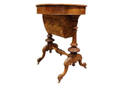 Victorian Inlaid Walnut Sewing Table with Stretcher Base – Circa 1870 - Image 4